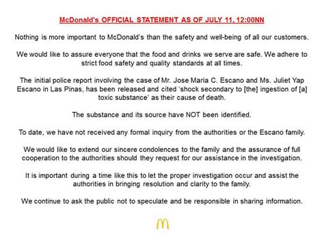 READ: McDonald’s statement on that alleged food poisoning incident.